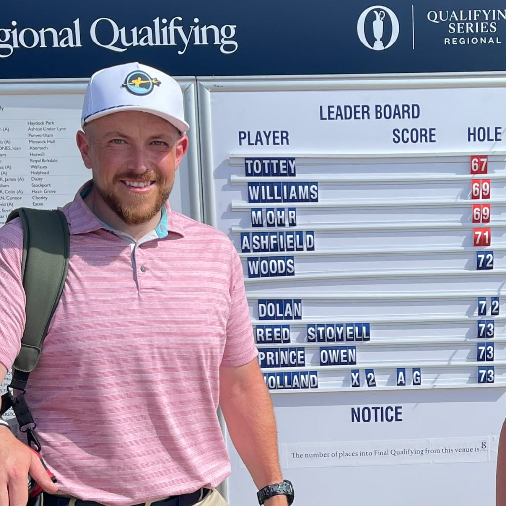 Professional golfer Marcus Mohr competing in the Open Championship Final Qualifying event while wearing the AV Edge Legend Wristband for embedded frequency technology performance support.