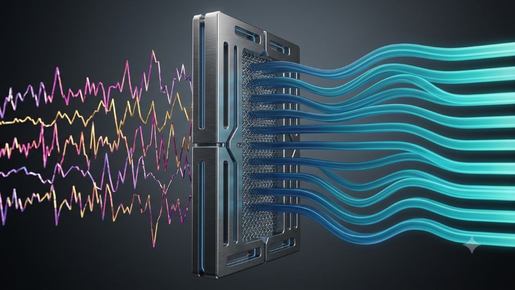 Abstract architectural diagram showing erratic radiation waves transforming into smooth, harmonious geometric waveforms through a subtle frequency filter.