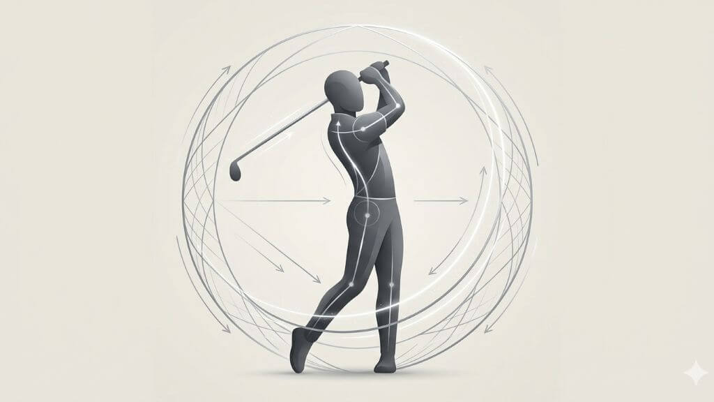 Abstract vector line graphic demonstrating dynamic balance and kinetic alignment during a golf swing plane.