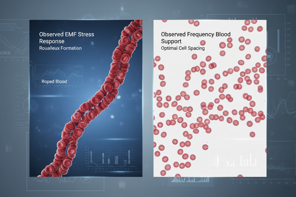R&D microscopic analysis showing red blood cell clumping under EMF stress and the restoration of free-flowing blood through frequency-based technology.