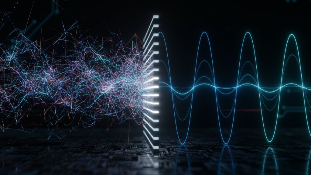 Abstract architectural diagram showing erratic frequency lines being filtered into smooth, harmonious geometric sine waves.