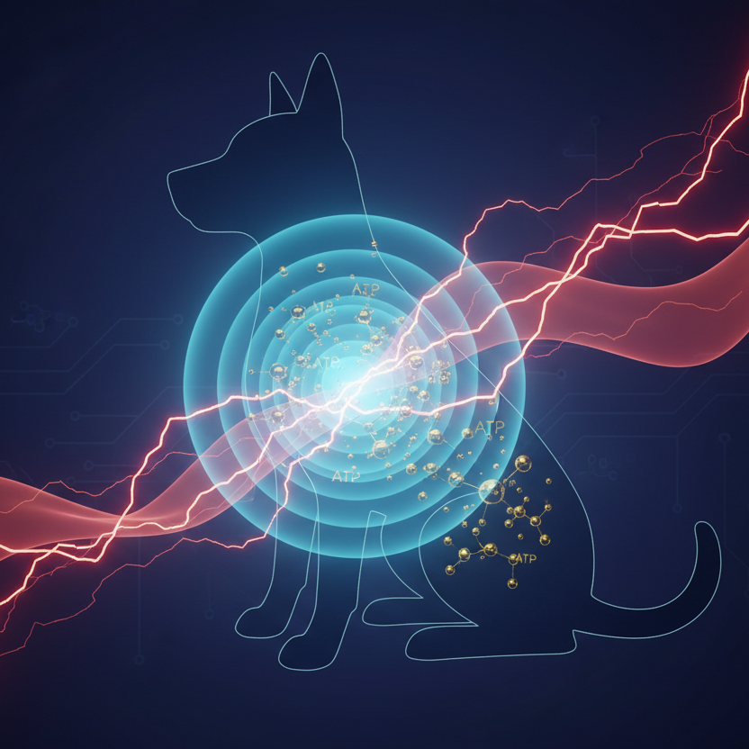 Conceptual visual of canine nervous system regulation, frequency technology for separation anxiety, and ATP energy for dog calmness.