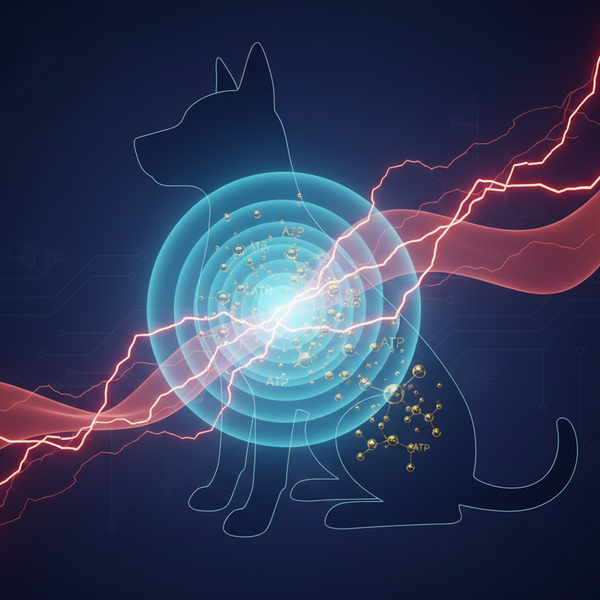 Conceptual visual of canine nervous system regulation, frequency technology for separation anxiety, and ATP energy for dog calmness.
