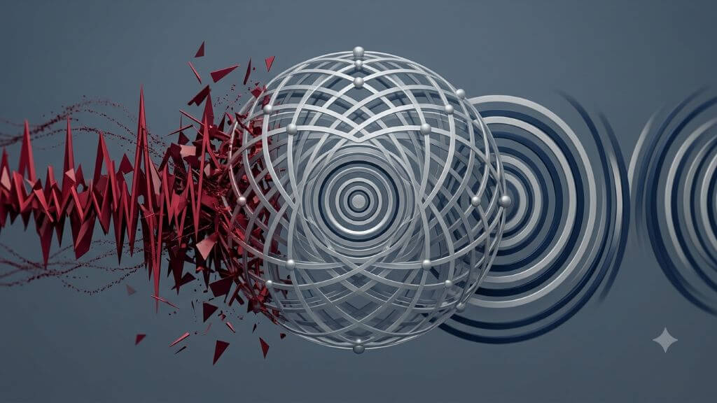 Abstract digital art graphic depicting chaotic environmental frequency lines interacting with a clean, highly structured central geometric grid.