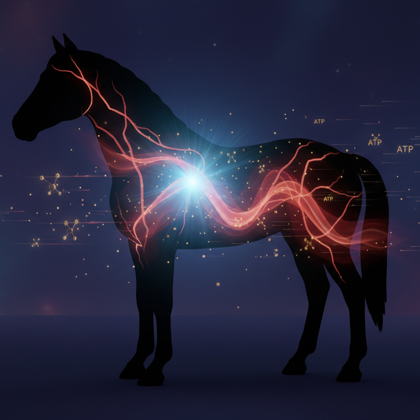 Conceptual visual of equine biofield stabilization, nervous system regulation, and ATP energy for horse anxiety and calmness.