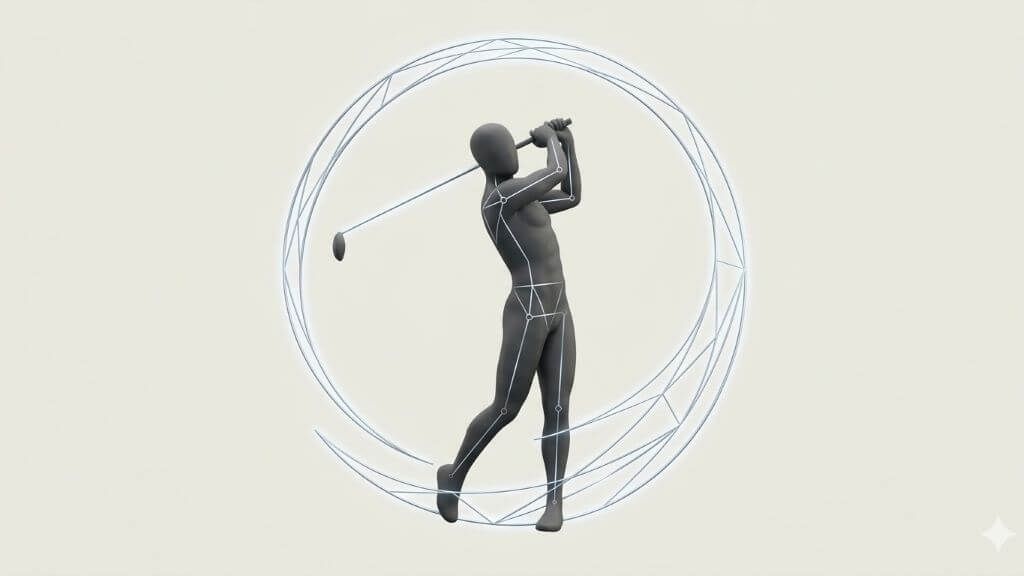 Minimalist vector graphic demonstrating optimal geometric alignment and structural balance during a golf swing plane.