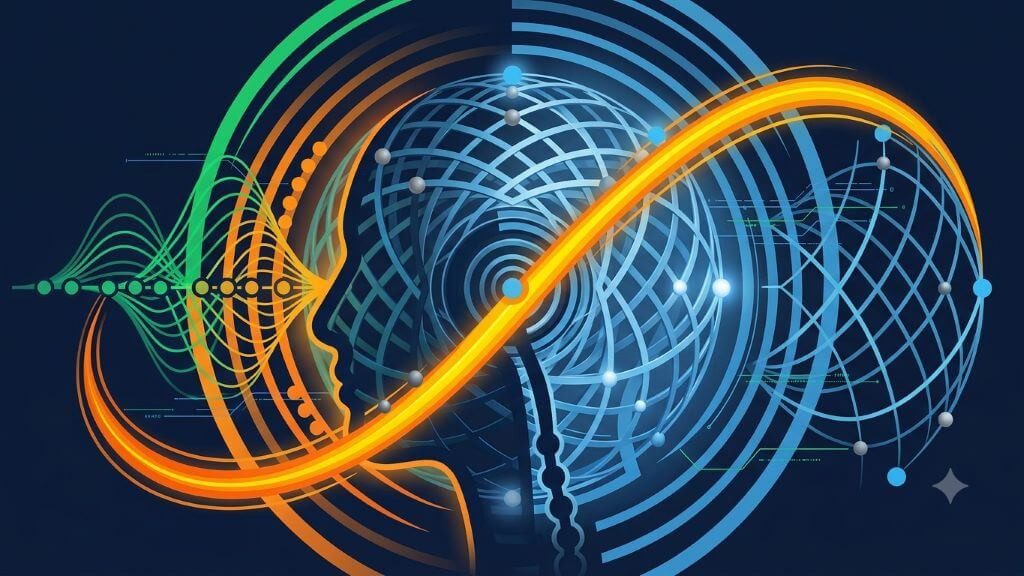 Abstract digital tech graphic displaying a rich dark blue background with high-contrast glowing orange and yellow kinetic lines tracing a perfect, balanced swing path.