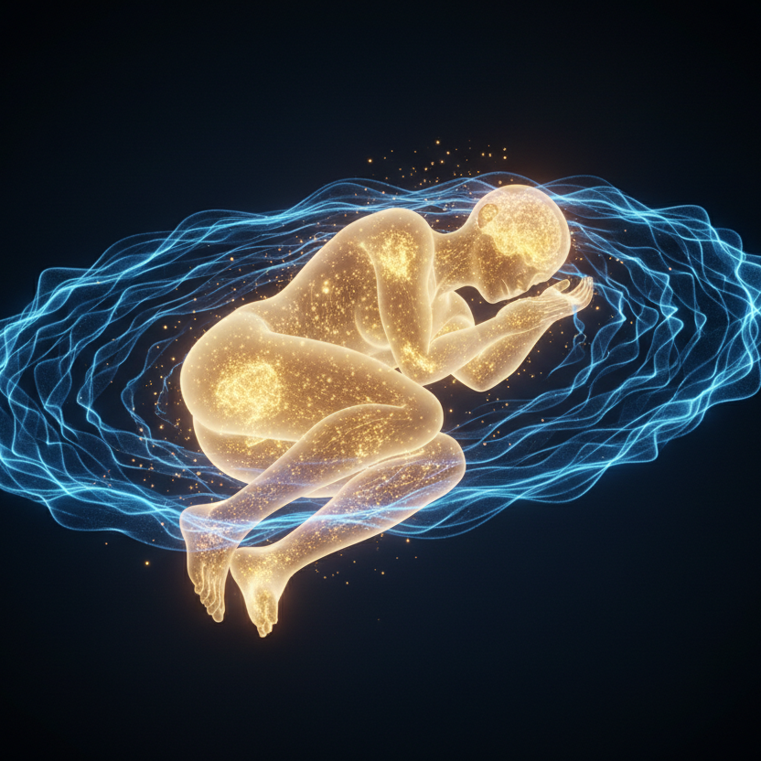 Conceptual visual of cellular ATP energy recharging and frequency technology for natural sleep recovery and vitality.