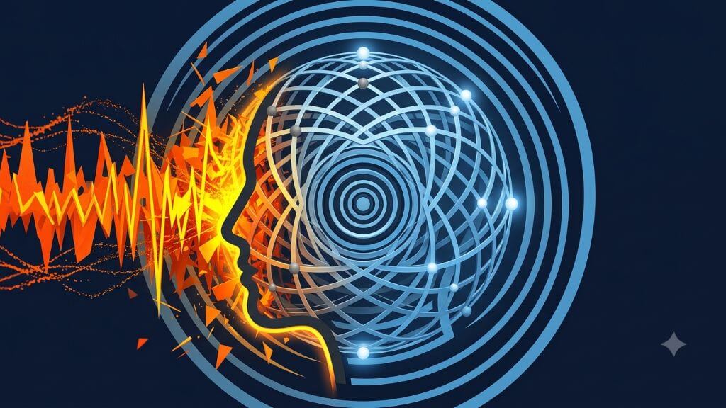 Abstract digital tech graphic displaying a rich dark blue background with high-contrast glowing orange waveforms colliding with a clean geometric matrix.