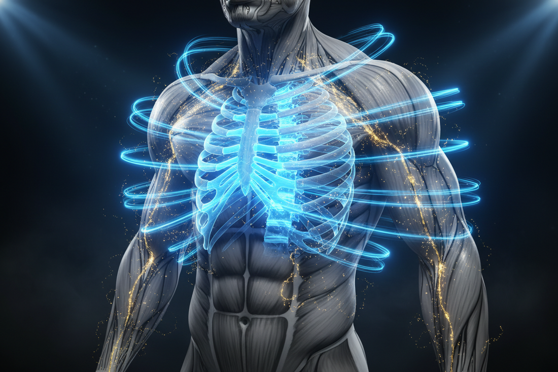 Conceptual visual of biomechanical acceleration, pelvic stability, and ATP energy production for elite sporting performance and golf speed.