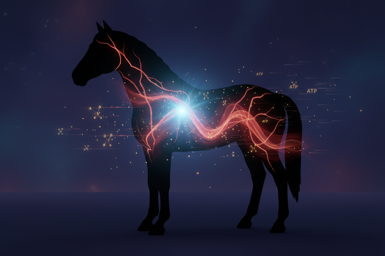 Conceptual visual of equine biofield stabilization, nervous system regulation, and ATP energy for horse anxiety and calmness.