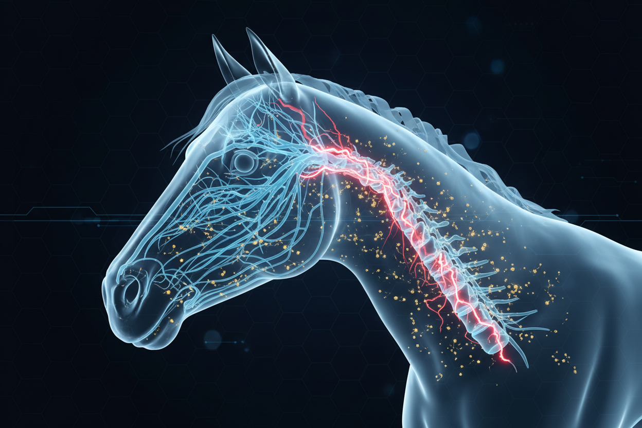 Conceptual visual of equine nerve pathing stabilization, trigeminal nerve comfort, and ATP energy for managing horse headshaking and nerve sensitivity.