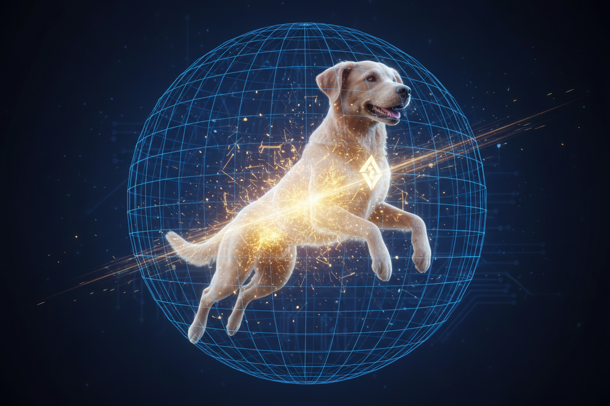 Conceptual visual of canine cellular rejuvenation, ATP energy production, and frequency technology for dog vitality and mitochondrial health.