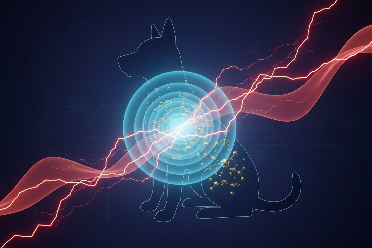 Conceptual visual of canine nervous system regulation, frequency technology for separation anxiety, and ATP energy for dog calmness.
