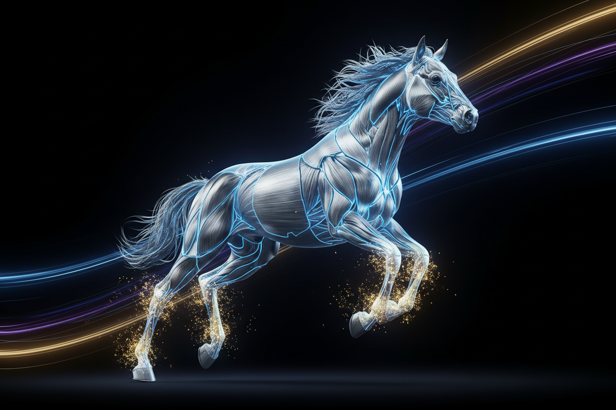 Conceptual visual of equine biomechanical efficiency, ATP energy production, and frequency technology for improved horse focus and training connection.