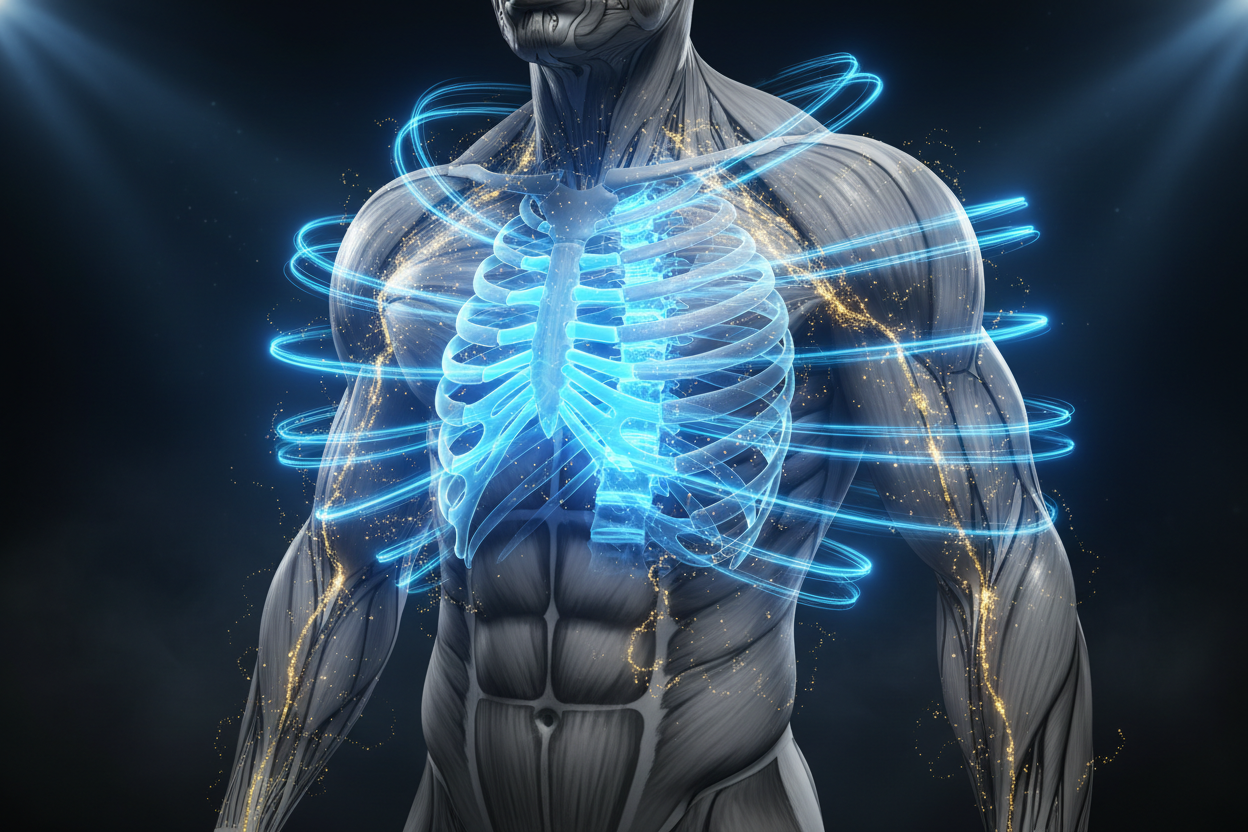 Conceptual visual of biomechanical acceleration, pelvic stability, and ATP energy production for elite sporting performance and golf speed.