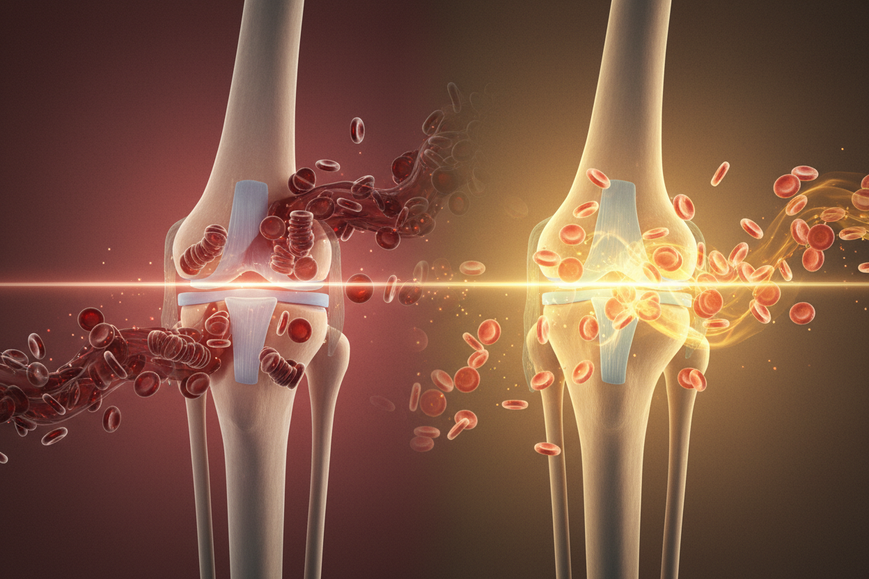 Conceptual diagram showing the reversal of the Rouleaux effect, optimized blood flow, and ATP energy production for natural joint pain relief and muscle recovery.