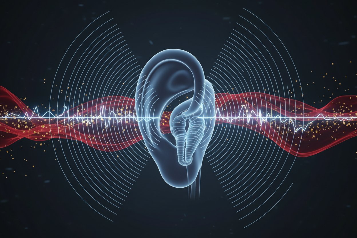 Conceptual 3D visualization of vestibular system support, frequency resonance, and ATP energy for natural vertigo relief and improved balance stability.