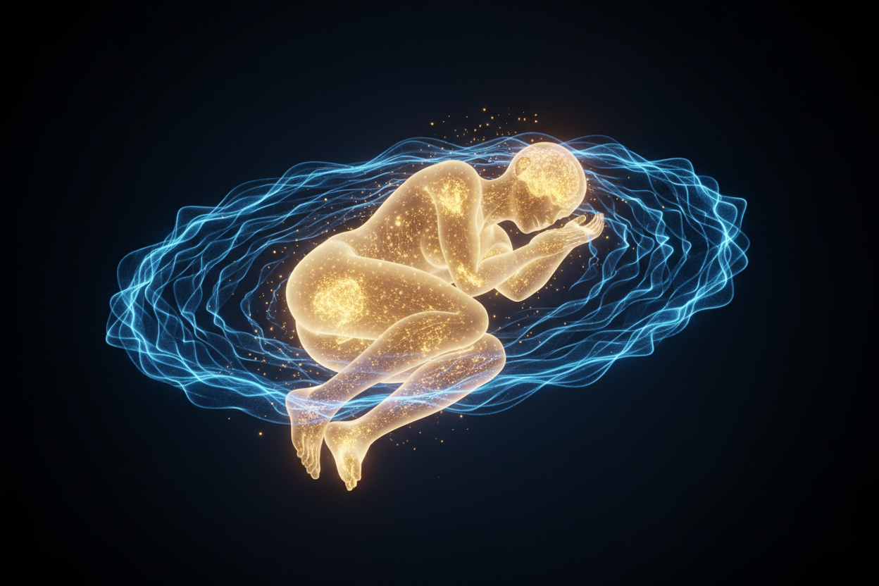 Conceptual visual of cellular ATP energy recharging and frequency technology for natural sleep recovery and vitality.