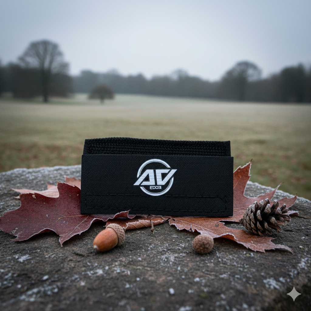 A black AV Edge Dog Collar Patch with EF technology (frequencies, not magnets) that may protect against modern technology EMFs by stimulating the production of adenosine triphosphate (ATP) to help improve health and performance. The patch is positioned on a frosted stone with fallen, slightly frozen autumn leaves, acorns, and a pinecone, against a blurred, misty November UK park background.