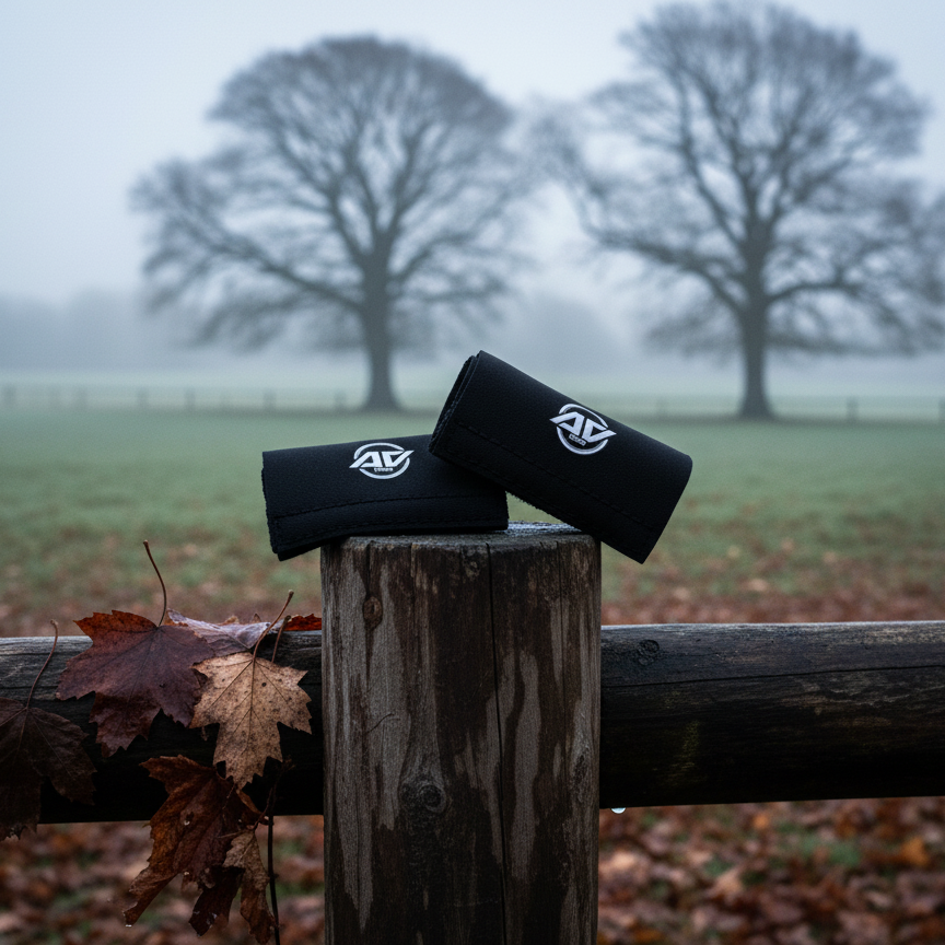 A pair of black AV Edge Horse Collar/Bridle Patches with EF technology (frequencies, not magnets) that may protect against modern technology EMFs by stimulating the production of adenosine triphosphate (ATP) to help improve health and performance. The patches are shown resting on a rustic, mud-splattered fence post in an equestrian stable yard, set against a muted, damp November UK paddock background