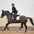 Equine Laura Goodall with AV Edge Horse Bridle Patches for 100% FEI-legal, 'on the bit' rides.
