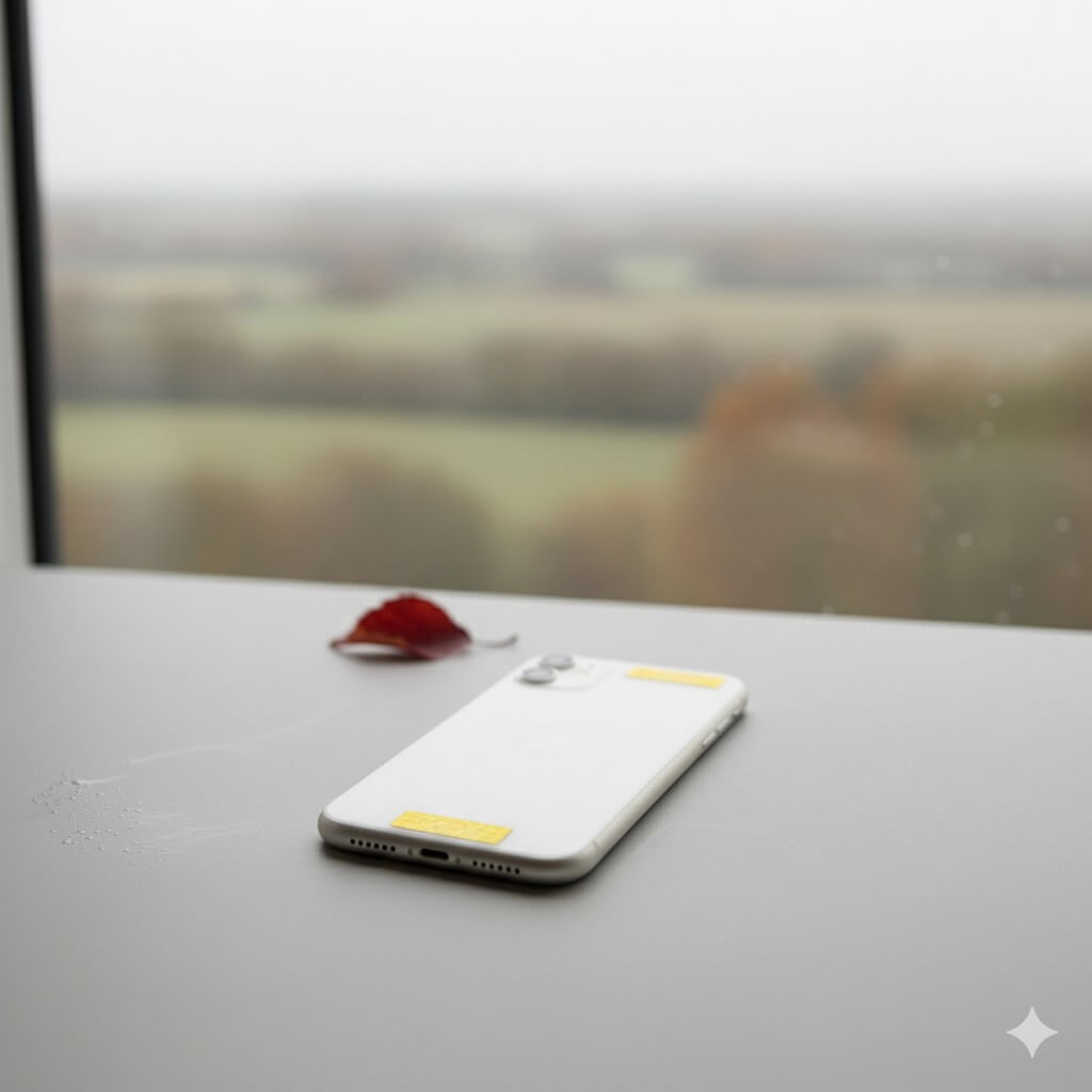 A lifestyle shot of a white phone on a grey windowsill with two yellow AV Edge Cell Phone Protect Filters applied. This frequency-based EF Technology acts as a 4G/5G signal modulator that might reduce phone radiation and help with tech fatigue or brain fog while maintaining full signal integrity.
