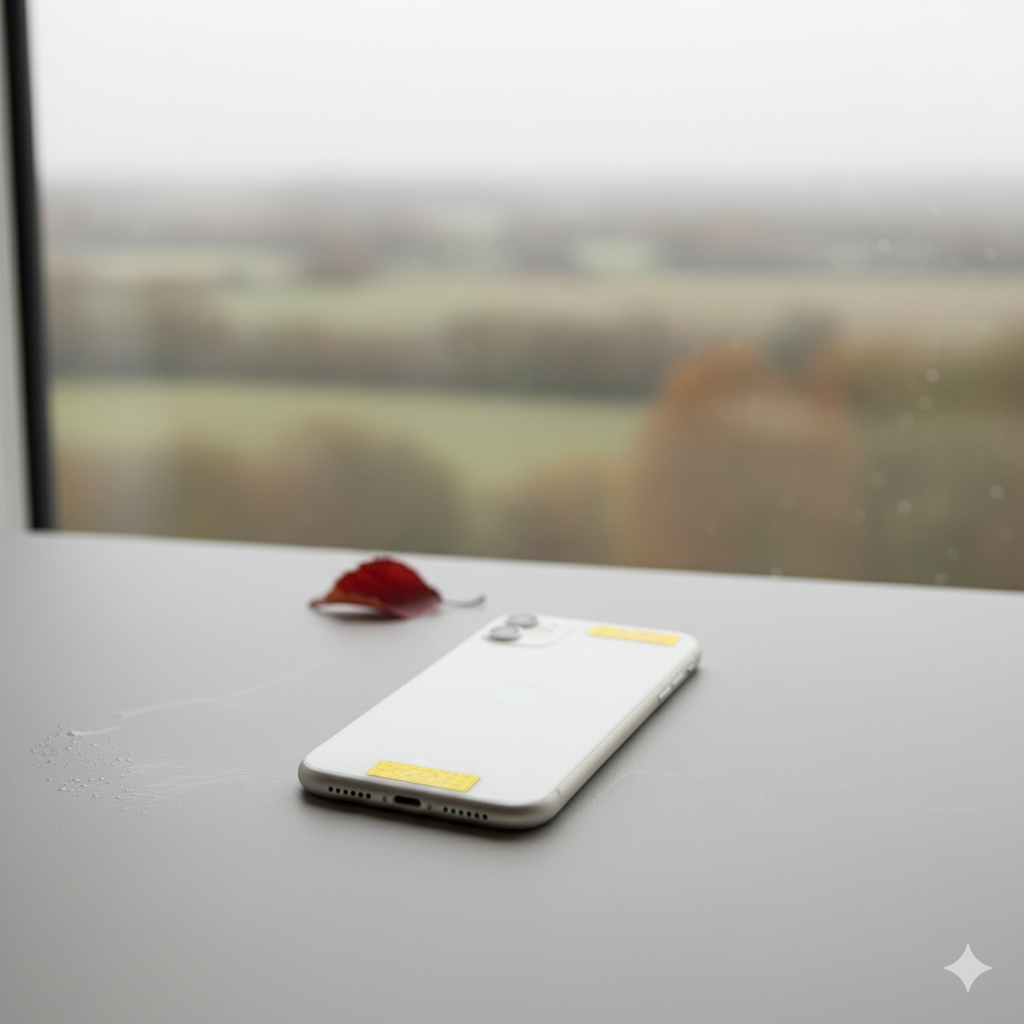 Cellphone with two gold AV Edge Protect Filters on the back, resting on a clean, light surface with a subtle, blurred autumnal background.