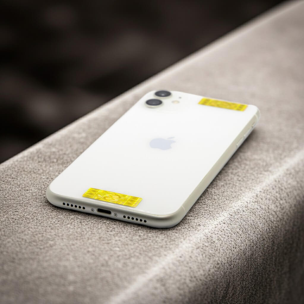 A white phone lying on a stone surface, featuring two yellow AV Edge Cell Phone Protect Filters applied to the back. This EF Technology acts as a signal modulator that might reduce phone radiation without losing signal, potentially helping to reduce phone-induced tech fatigue and brain fog.