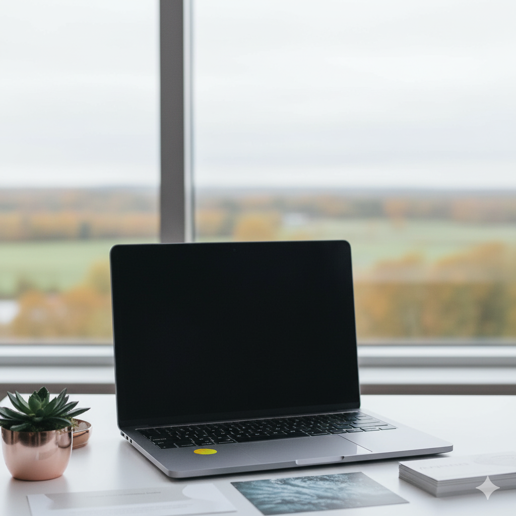 Laptop with a gold AV Edge Protect Filter applied, resting on a clean, light-colored surface with a blurred background of a cozy, misty autumnal scene through a window.