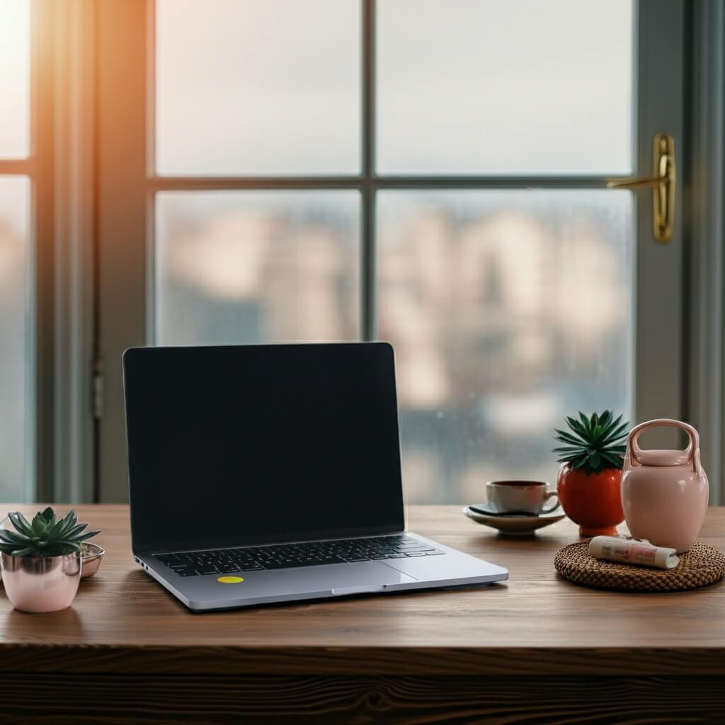 A silver laptop open on a wooden desk in a home office setting, featuring a yellow EMF Protect Filter applied to the bottom left corner of the keyboard deck. This non-interference laptop filter is designed to help neutralize modern technology frequencies and reduce tech-fatigue or brain fog without affecting WiFi connectivity.