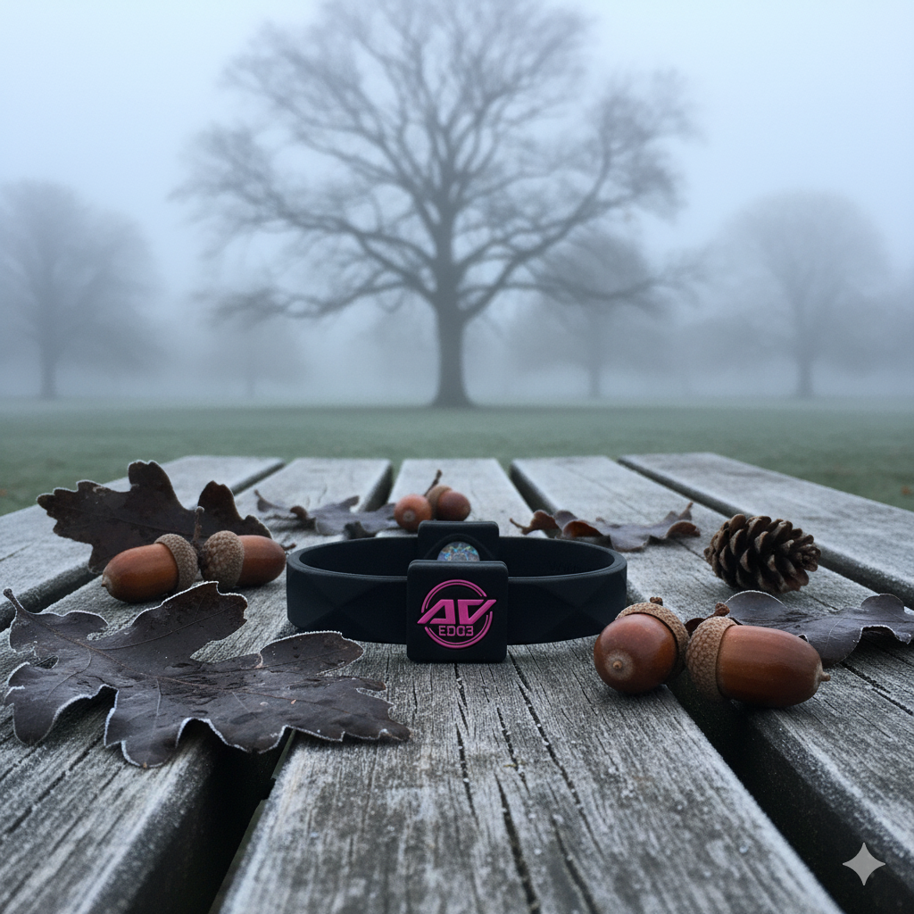 AV Edge Advanced Black/Pink wristband with EF technology (frequencies, not magnets) that may protect against EMFs and stimulate the production of ATP to help improve health and performance, presented on a frosted wooden picnic table amidst scattered autumn leaves, acorns, and pinecones, set against a misty, atmospheric November UK landscape.