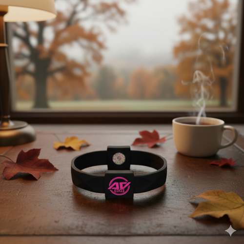 Black and pink AV Edge Advanced wristband resting on a dark wooden surface with blurred autumnal leaves, a steaming mug, and a window showing a misty, cozy outdoor scene.