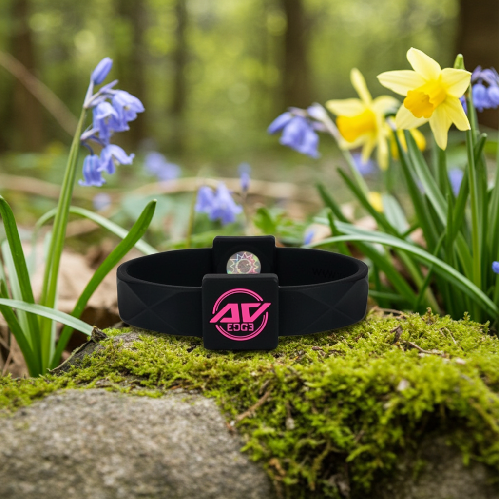 Black and pink health and performance bracelet (with EF technology, frequencies, not magnets, that may protect against modern technology EMFs and improve health and performance by stimulating the production of adenosine triphosphate/ATP)