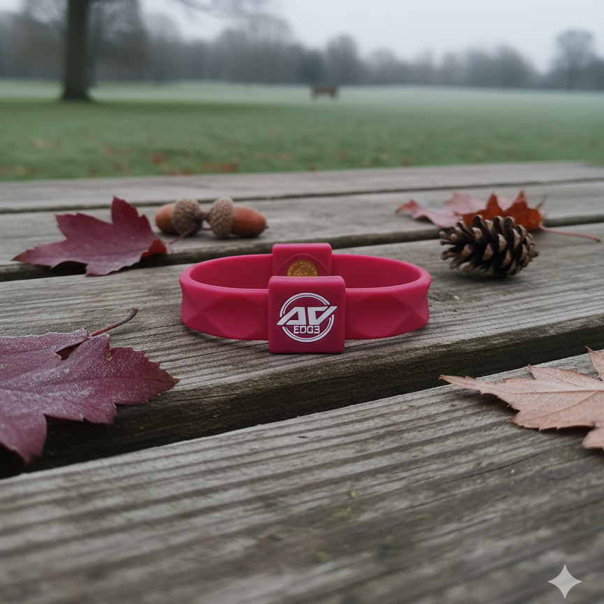 AV Edge Advanced Cranberry wristband with EF technology (frequencies, not magnets) that may protect against EMFs and stimulate the production of ATP to help improve health and performance, shown resting on a textured, frosty wooden surface surrounded by the subtle, muted colours of a November UK background