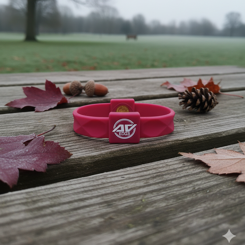 AV Edge Advanced Cranberry wristband with EF technology (frequencies, not magnets) that may protect against EMFs and stimulate the production of ATP to help improve health and performance, shown resting on a textured, frosty wooden surface surrounded by the subtle, muted colours of a November UK background