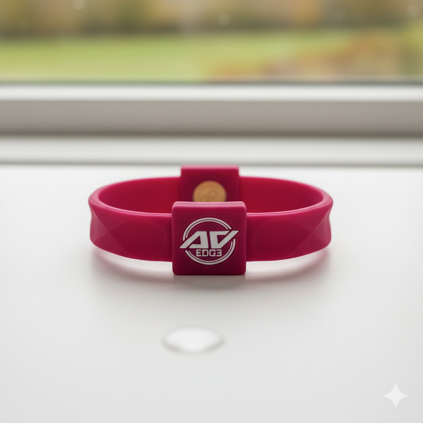 Cranberry-colored AV Edge Advanced wristband with EF Technology (frequencies, not magnets) That May Protect Against EMFs and Stimulate the Production of ATP to Help Improve Health and Performance with a gold disc, brightly illuminated and resting on a clean white surface with a blurred, soft autumnal landscape visible through a window in the background.