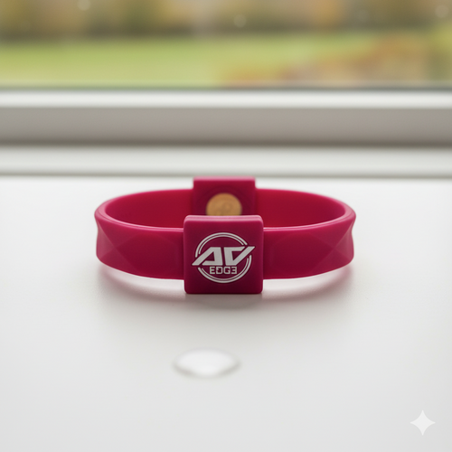 Cranberry-colored AV Edge Advanced wristband with EF Technology (frequencies, not magnets) That May Protect Against EMFs and Stimulate the Production of ATP to Help Improve Health and Performance with a gold disc, brightly illuminated and resting on a clean white surface with a blurred, soft autumnal landscape visible through a window in the background.
