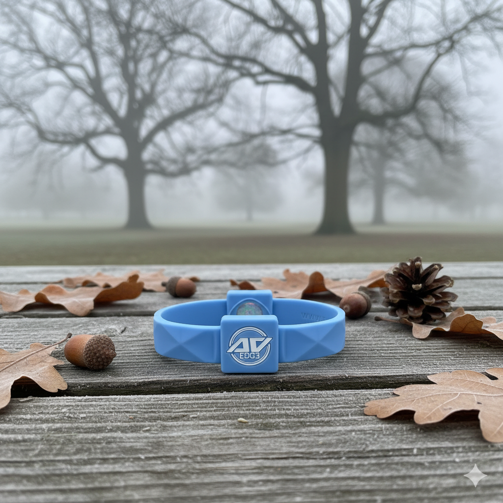 AV Edge Advanced Sky Blue wristband with EF technology (frequencies, not magnets) that may protect against EMFs and stimulate the production of ATP to help improve health and performance, presented centrally on a damp, dark flagstone or cobblestone surface, with a blurred, cool-toned November UK park background featuring bare trees and soft diffused light.