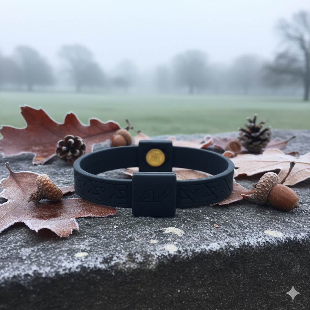 AV Edge Legend Noir wristband with EF technology (frequencies, not magnets) that may protect against EMFs and stimulate the production of ATP to help improve health and performance, resting on a frosted stone surface with fallen autumn leaves and acorns in a misty November UK park