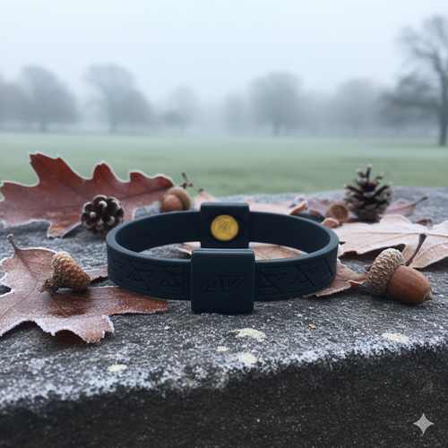 AV Edge Legend Noir wristband with EF technology (frequencies, not magnets) that may protect against EMFs and stimulate the production of ATP to help improve health and performance, resting on a frosted stone surface with fallen autumn leaves and acorns in a misty November UK park