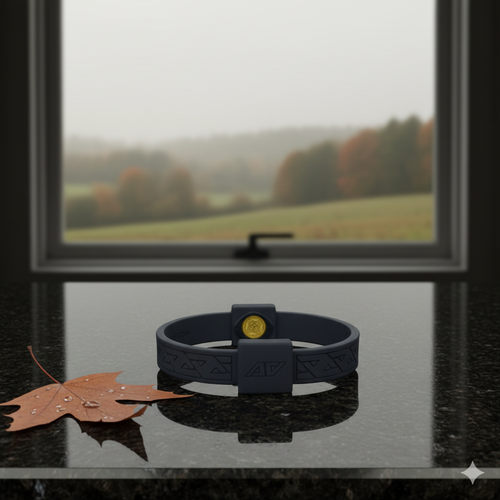Black AV Edge Legend wristband with a gold disc, resting on a reflective dark surface next to a single dew-kissed autumn leaf, with a blurred misty, autumnal landscape visible through a window in the background.