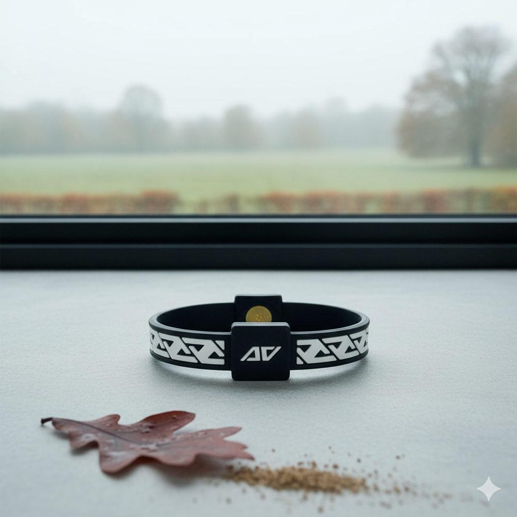 Black and white wristband with EF technology (frequencies, not magnets), brightly illuminated and resting on a light-coloured surface. The product is showcased with a subtle, blurred November autumnal/early winter background, highlighting that the wristband may protect against EMFs and stimulate the production of ATP to help improve health and performance is designed to enhance well-being and peak performance.