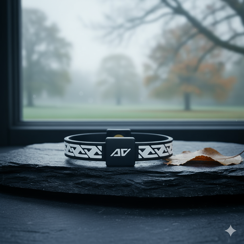 Black and white AV Edge Legend wristband resting on a dark, slate-like surface with a blurred autumnal background of misty trees and fallen leaves.