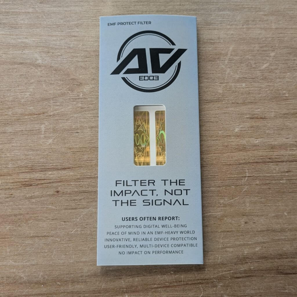 Cellphone AV Edge EMF Protect Filter 2-pack packaging displaying frequency technology stickers designed to filter digital stress, support 5G EMF protection, and potentially help reduce tech-induced fatigue without impacting device signal strength.