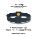 Product view of the AV Edge Legend Noir frequency wristband with the gold technology disc visible, highlighting guaranteed precise sizing and a 6-month warranty that may support biomechanical stability and might offer natural EMF protection for a perfect fit.