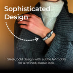 A close-up of a person wearing a discreet AV Edge Legend frequency bracelet over a grey knitted sweater, showcasing the refined, sophisticated design that may support balance, sleep, and natural EMF protection for those seeking style and wellness.