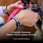 Close-up of a person wearing a precise-fit AV Edge Legend frequency wristband while handling equestrian equipment, showcasing a hassle-free sizing solution that may support biomechanical stability and provide peace of mind with a 6-month warranty.