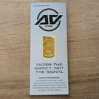 Packaging for the AV Edge Protect Filter for laptops and tablets, displaying a circular holographic frequency disc on branded card stock.