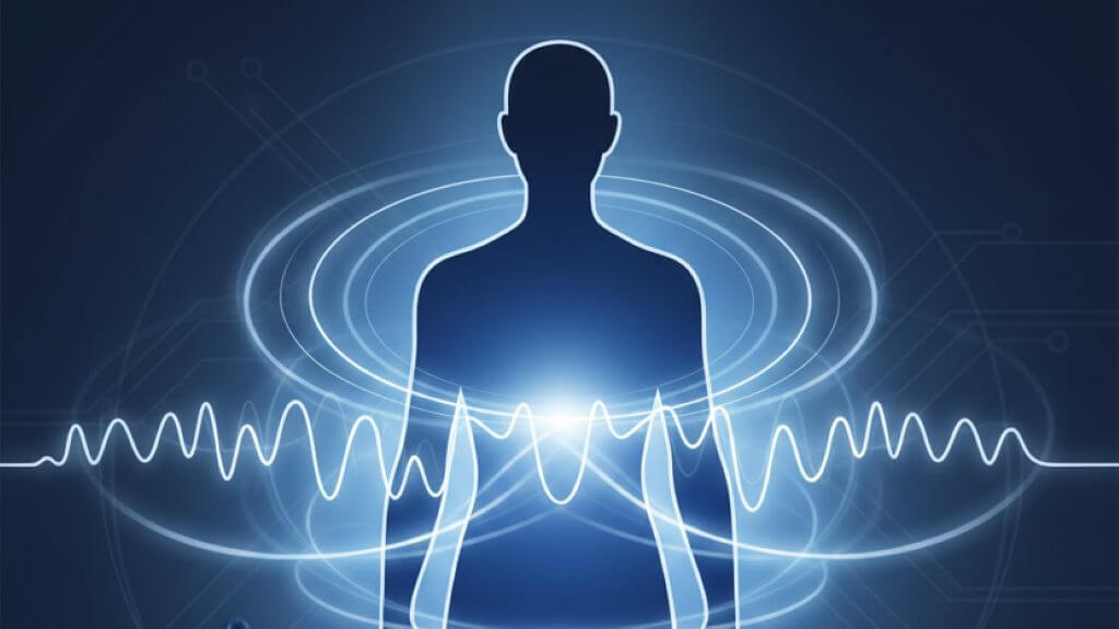 An abstract visual showing human energy field frequencies and grounding support to combat technology interference and dizziness.
